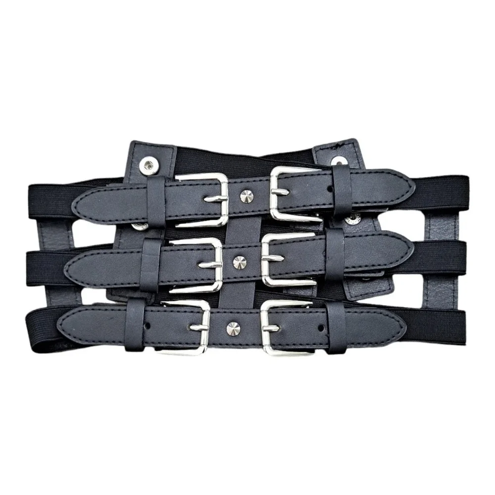 Faux leather Wide corset waist Black Belt studded Goth punk Triple buckle